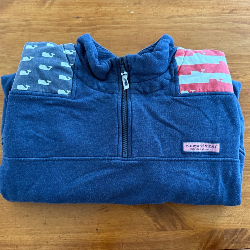 Vineyard Vines Shep Shirt 1/4 Zip Fleece XL Navy American Flag Whale